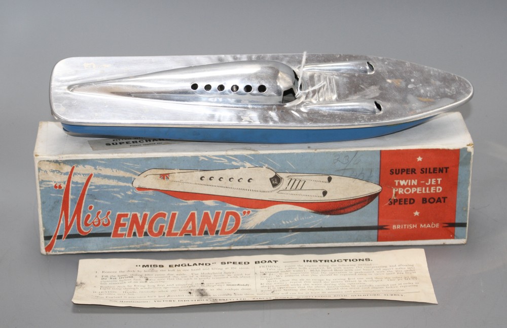 A Victory Industries Miss England aluminium twin jet propelled speedboat, with original box and instructions